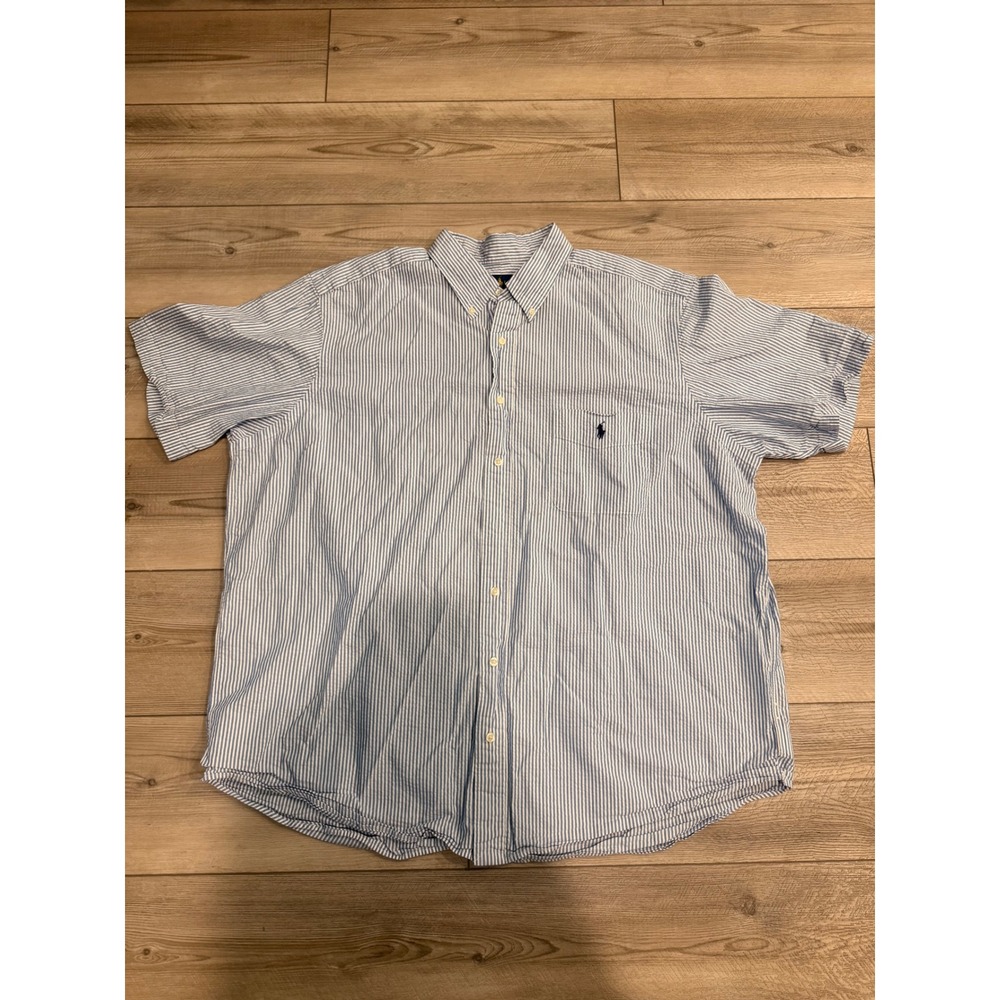 Polo Ralph Lauren Seersucker Shirt Mens 2XB Blue White Striped Short Sleeve Pony